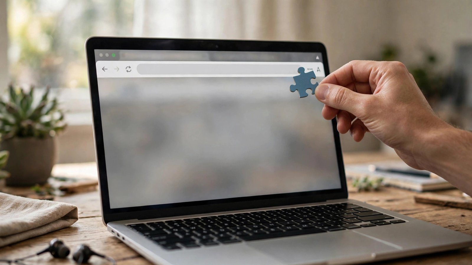 Hand installing a puzzle piece browser extension into a browser toolbar