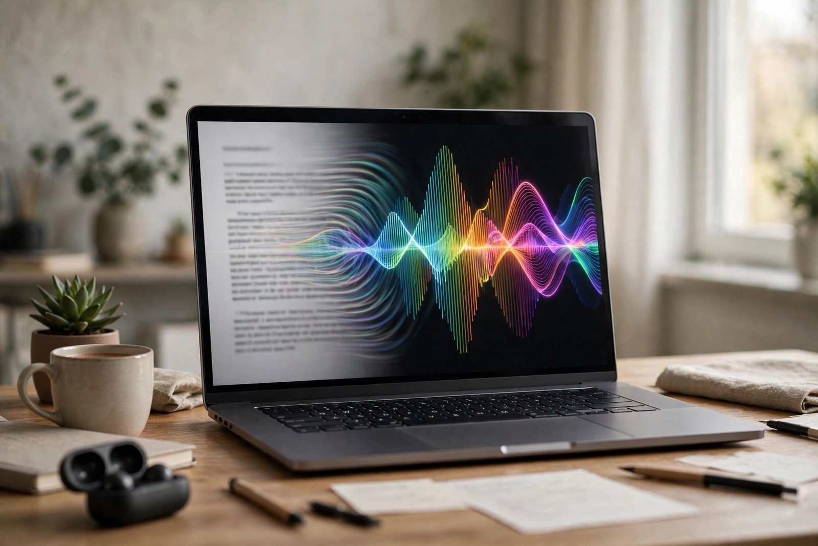 Text document on a screen transforming into colorful sound waves
