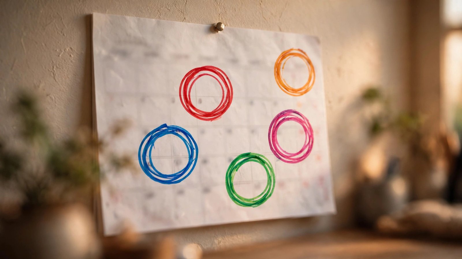 Illustration of a wall calendar with colorful marked dates