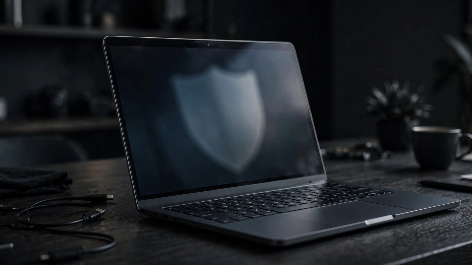 Antivirus shield scanning a laptop for viruses