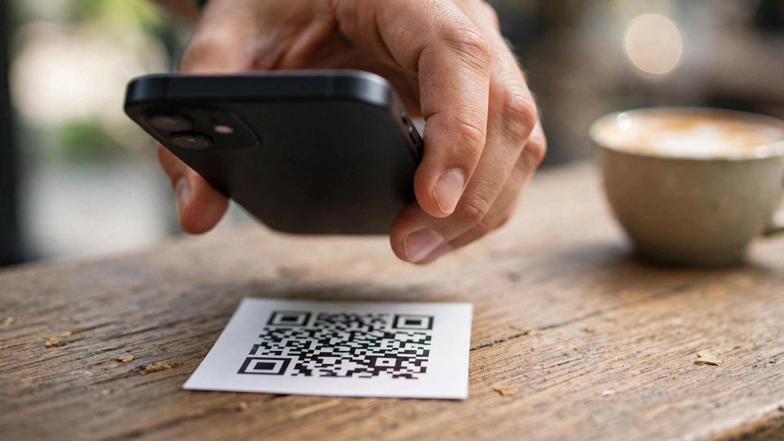 Phone camera scanning a QR code on a table