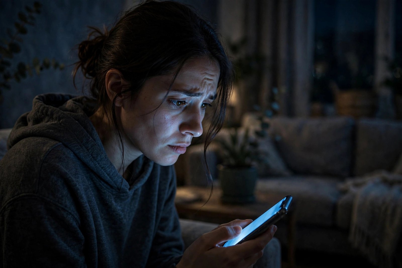 A person looking anxiously at a smartphone screen after noticing suspicious activity on their account