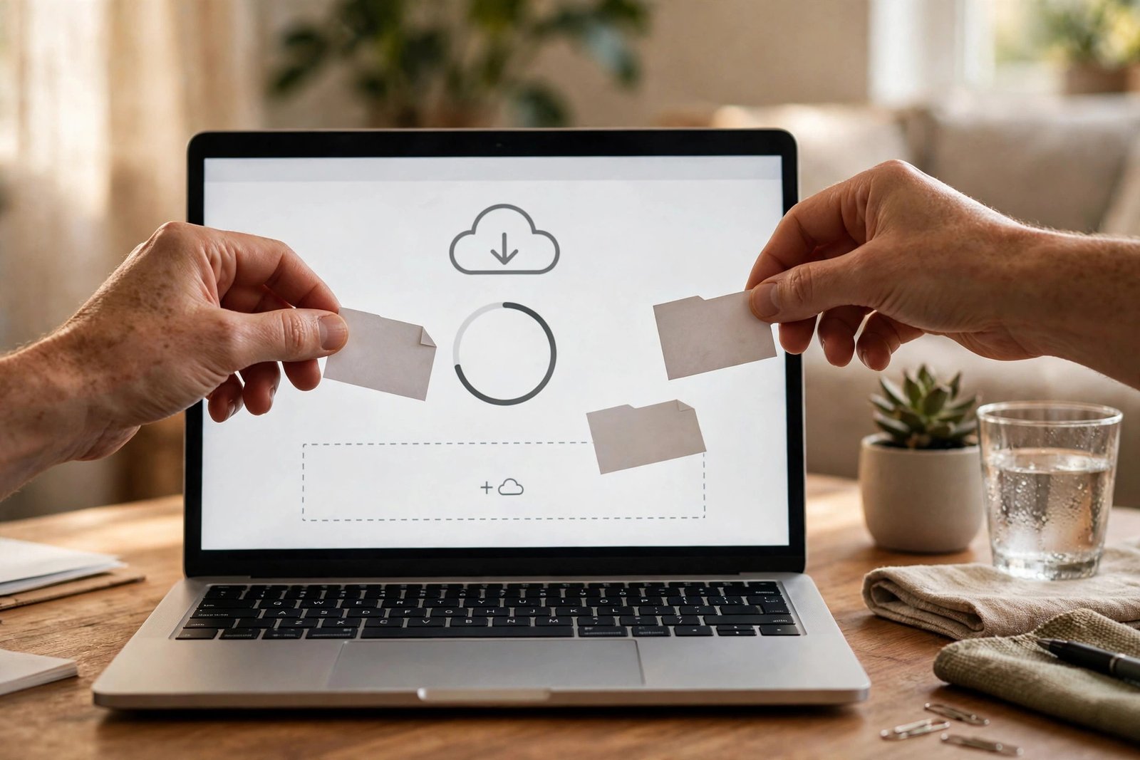 Hands dragging files into Google Drive on a laptop screen at a home desk
