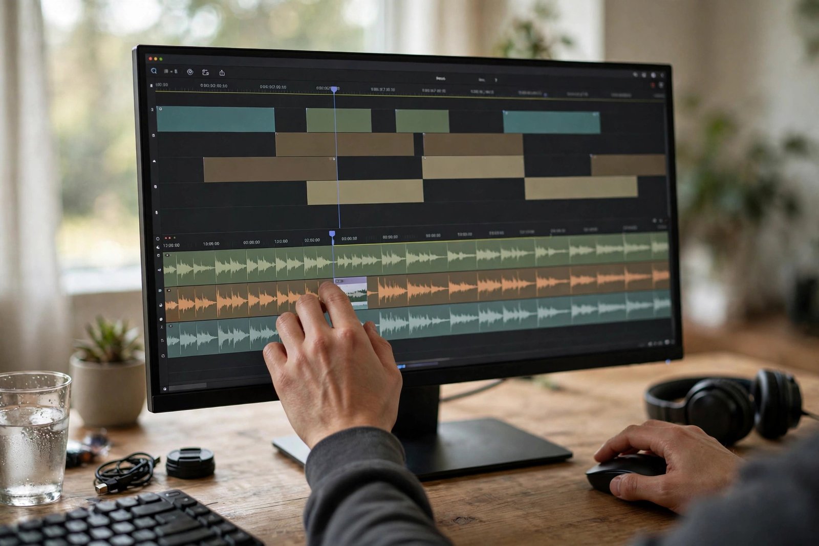 Hands adjusting a video editing timeline with clips and audio tracks on a computer screen