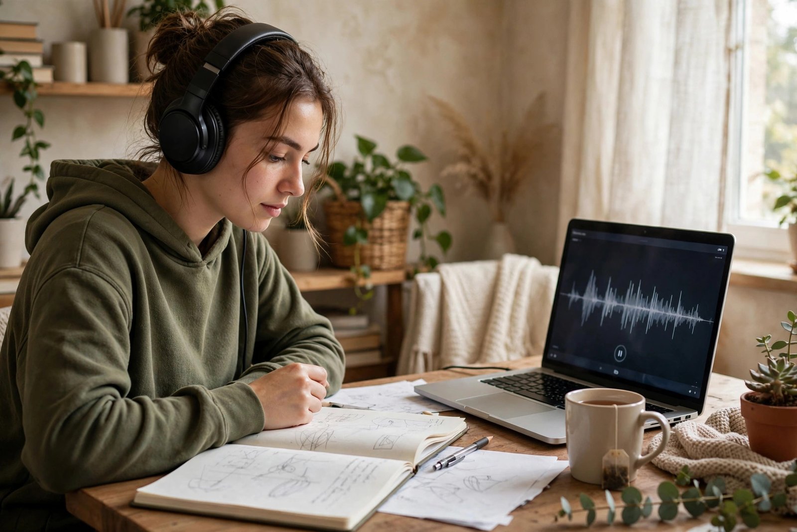 Student wearing headphones while listening to an audio overview and studying