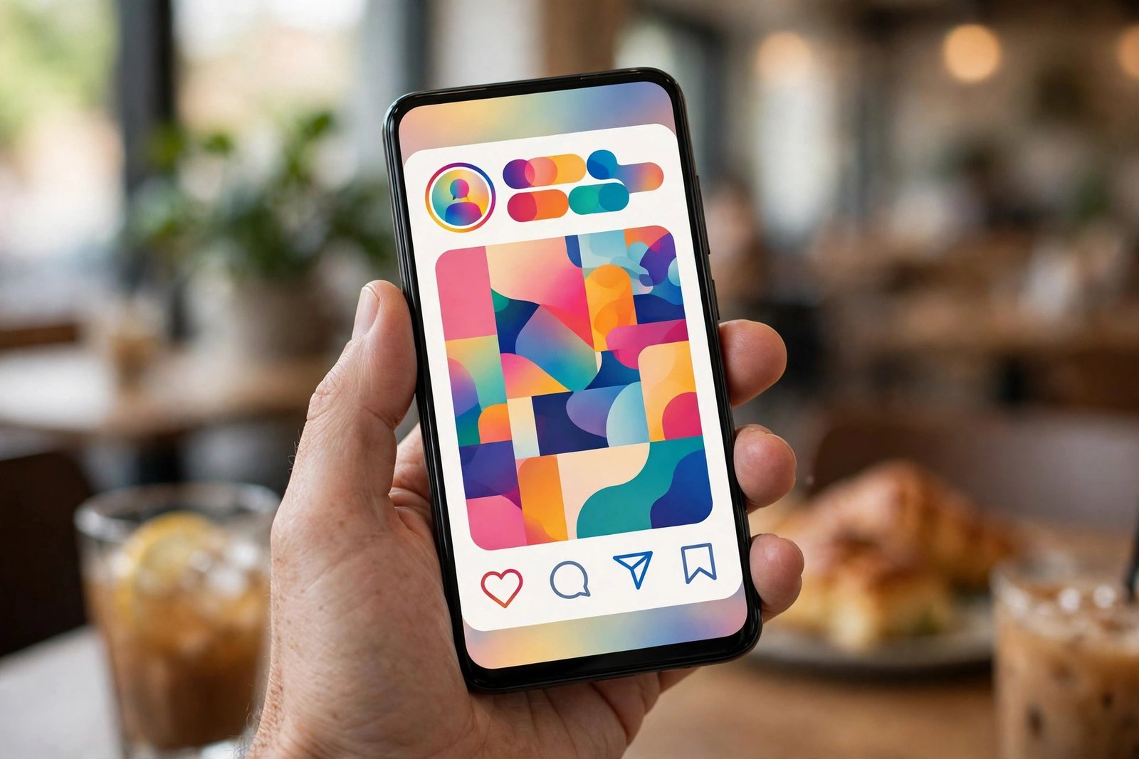 A smartphone showing a colorful social media post design