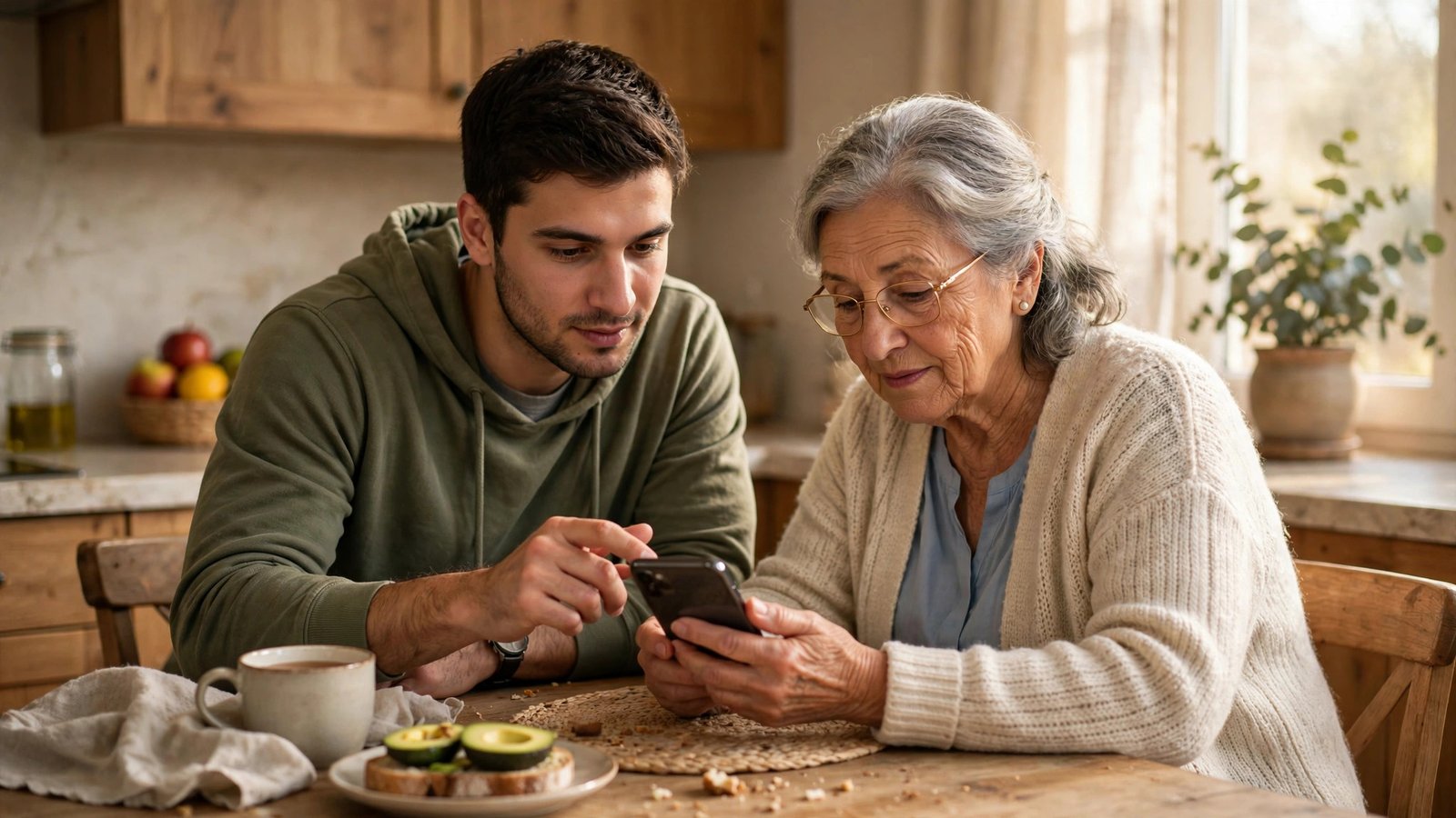 Family helping an elderly parent secure their phone