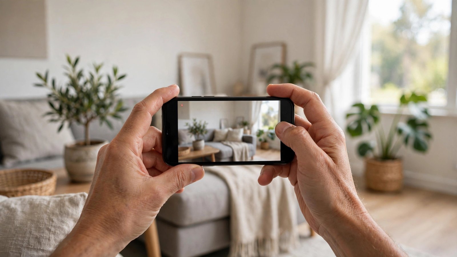 Hands holding a smartphone filming a video at home