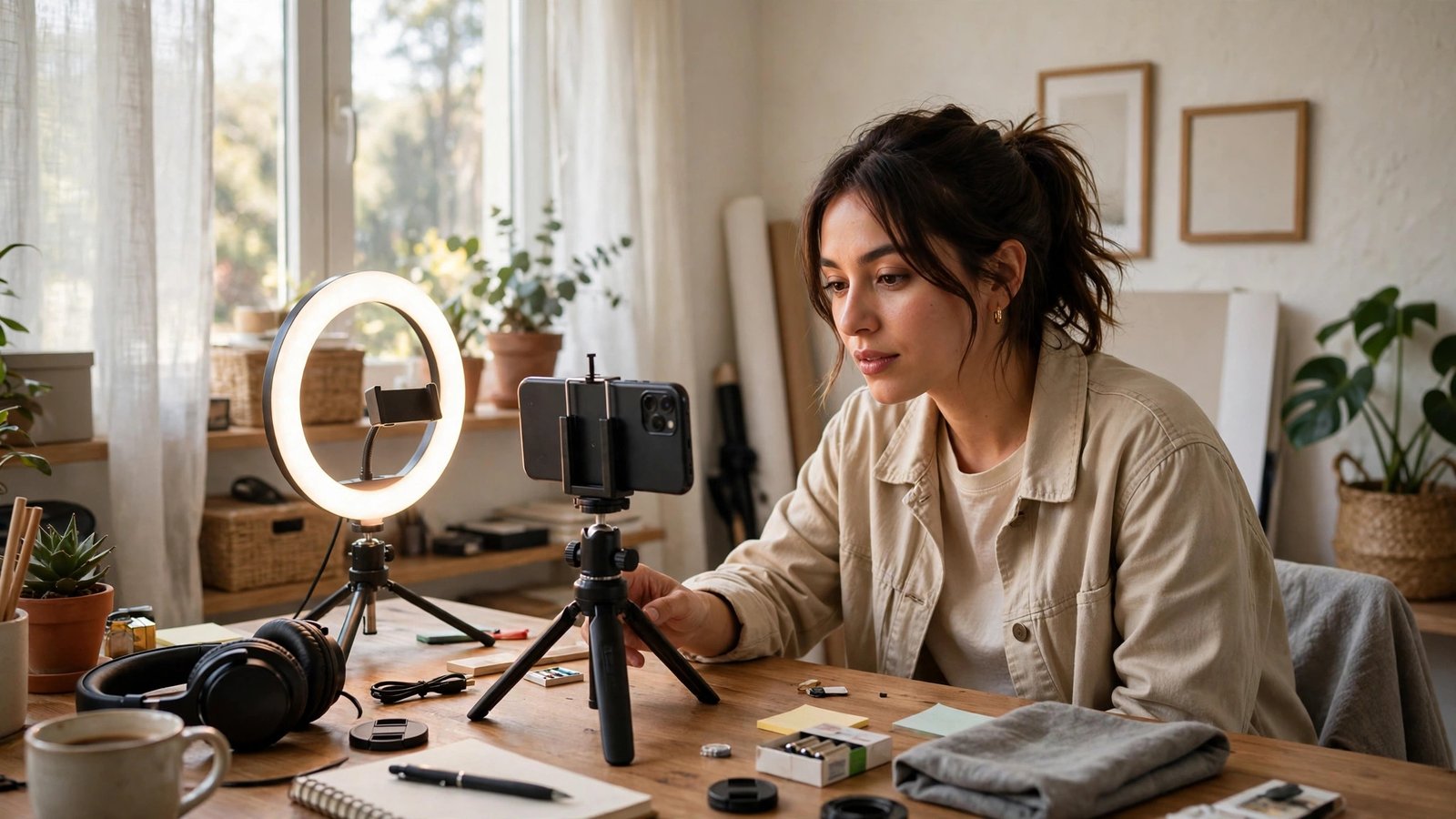 Person filming a short video with a smartphone on a tripod with a ring light