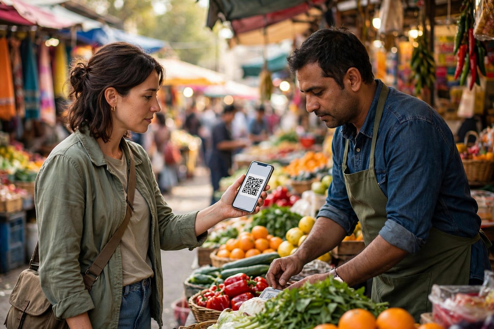 Customer paying a shopkeeper with a QR code payment