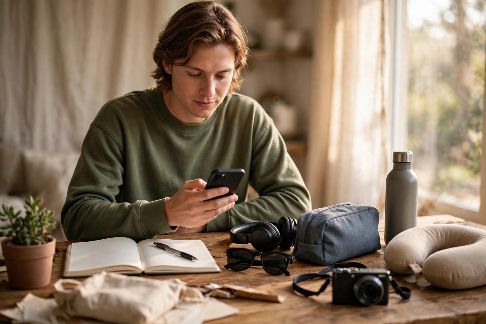 Person planning a trip with a smartphone and a paper notebook on a desk