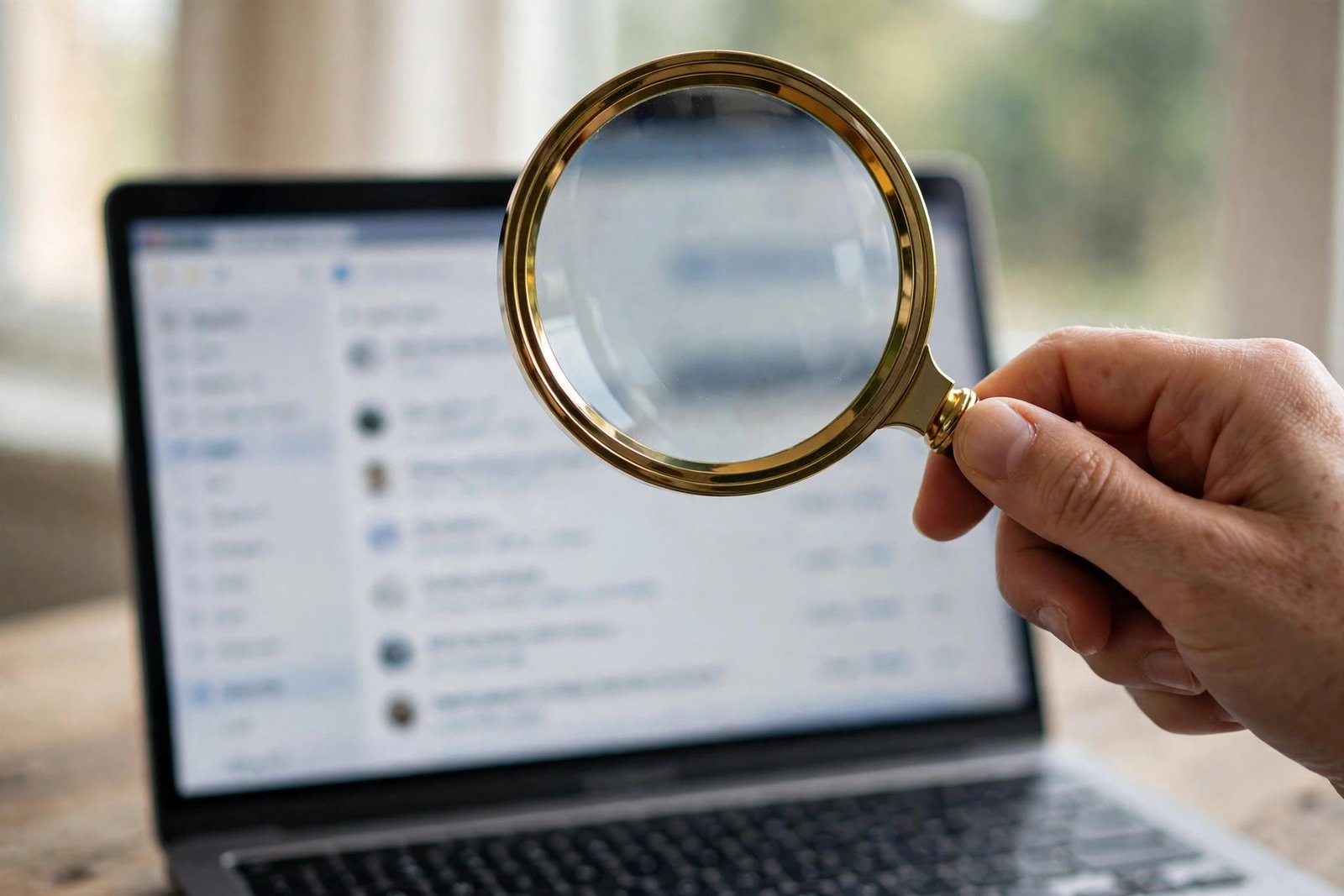 Magnifying glass examining an email for scam signs