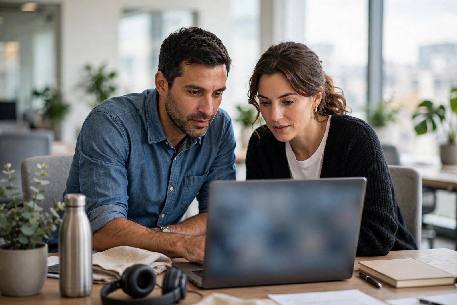 Two colleagues looking at shared files on a laptop in a bright modern office