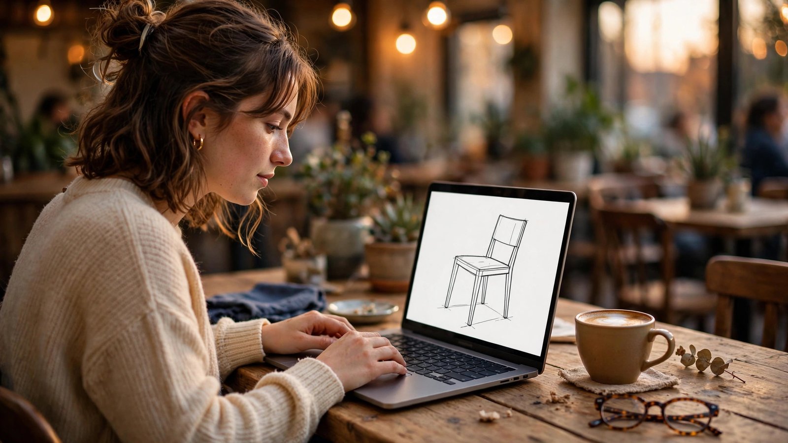 Student creating a design on a laptop at a cafe
