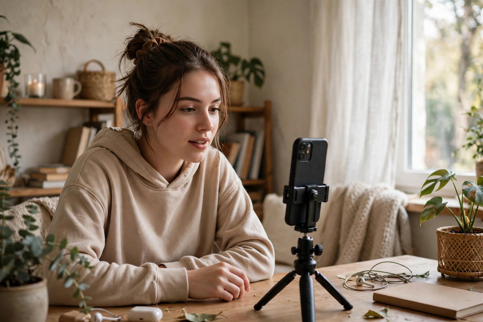 Beginner creator filming a video at home with a smartphone