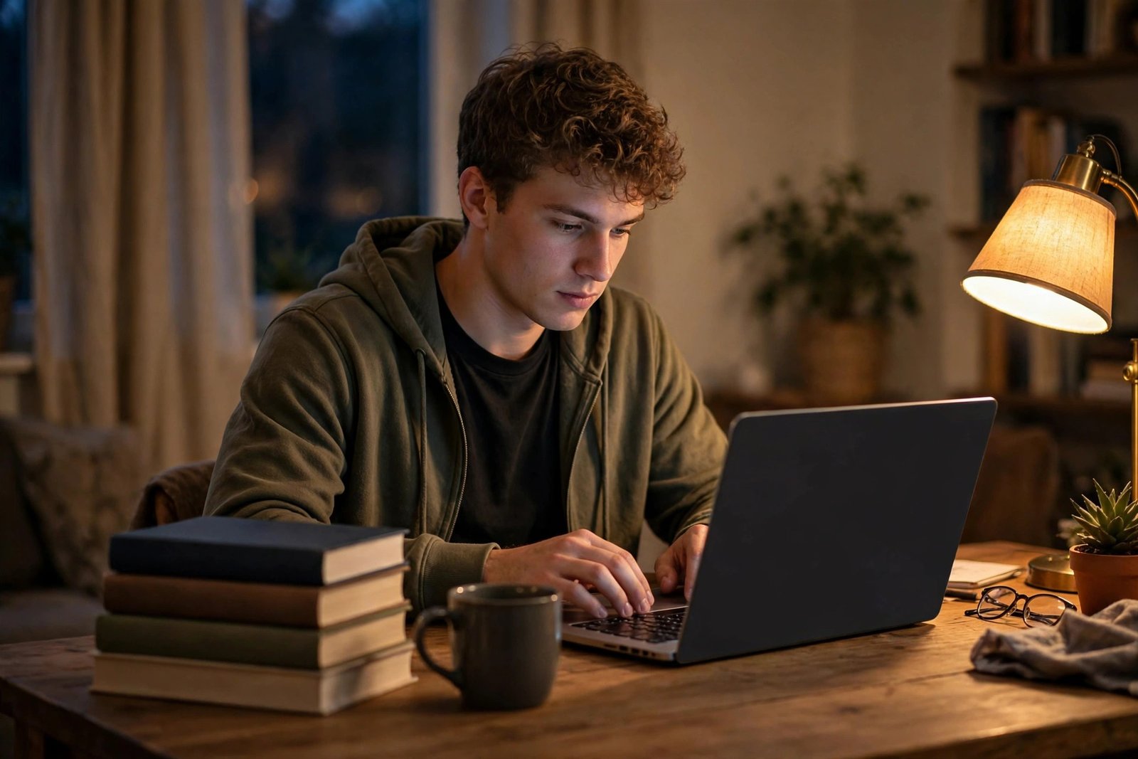 Student writing an assignment on a laptop at home