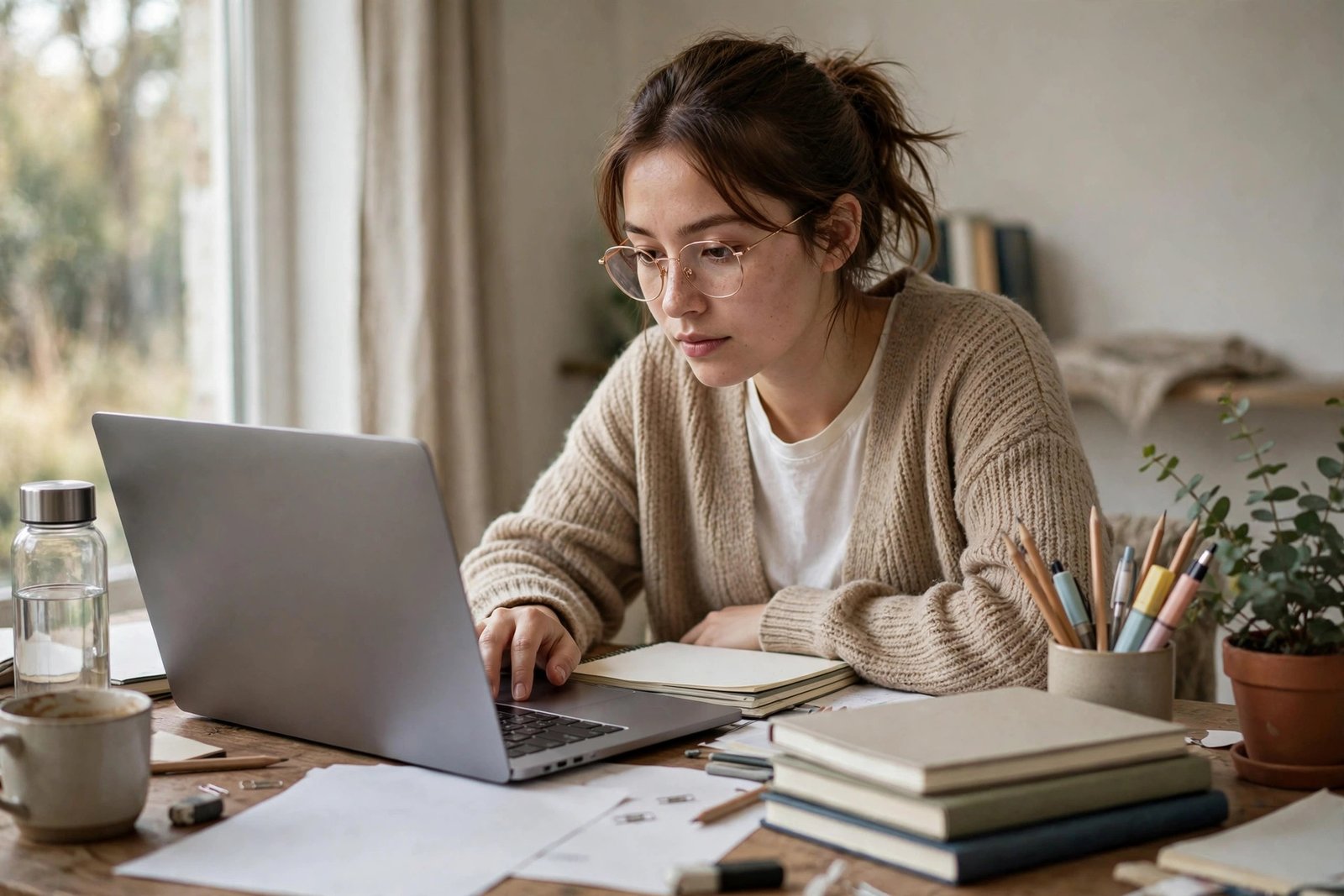 Student organizing her study schedule on a laptop