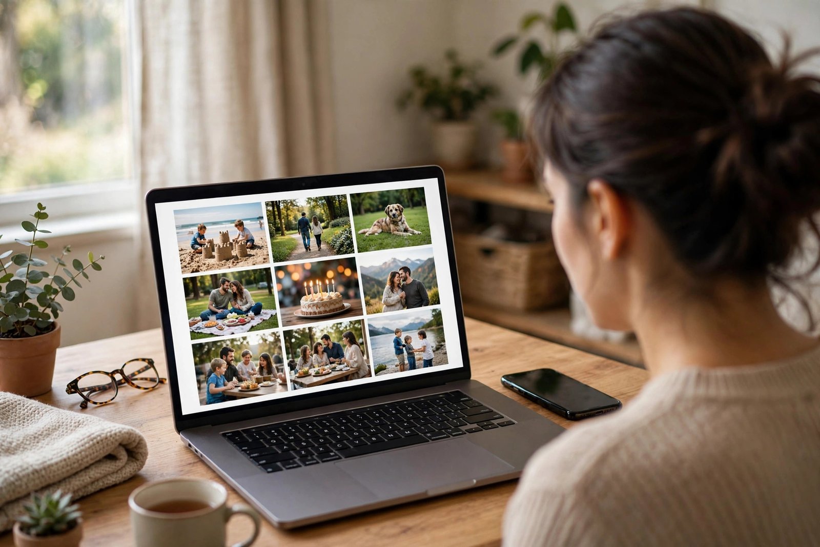 Checking backed up photos on a laptop and phone