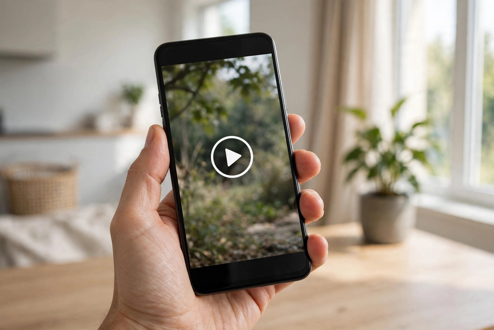 A hand holding a smartphone playing a finished vertical video with a play button