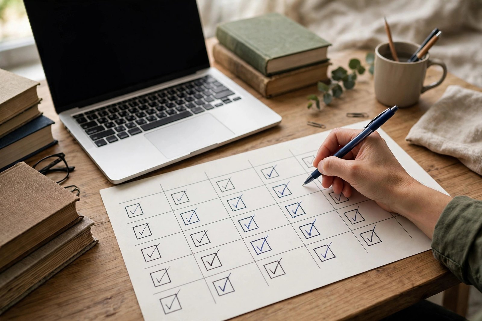 A weekly study plan calendar with checkmarks being filled in