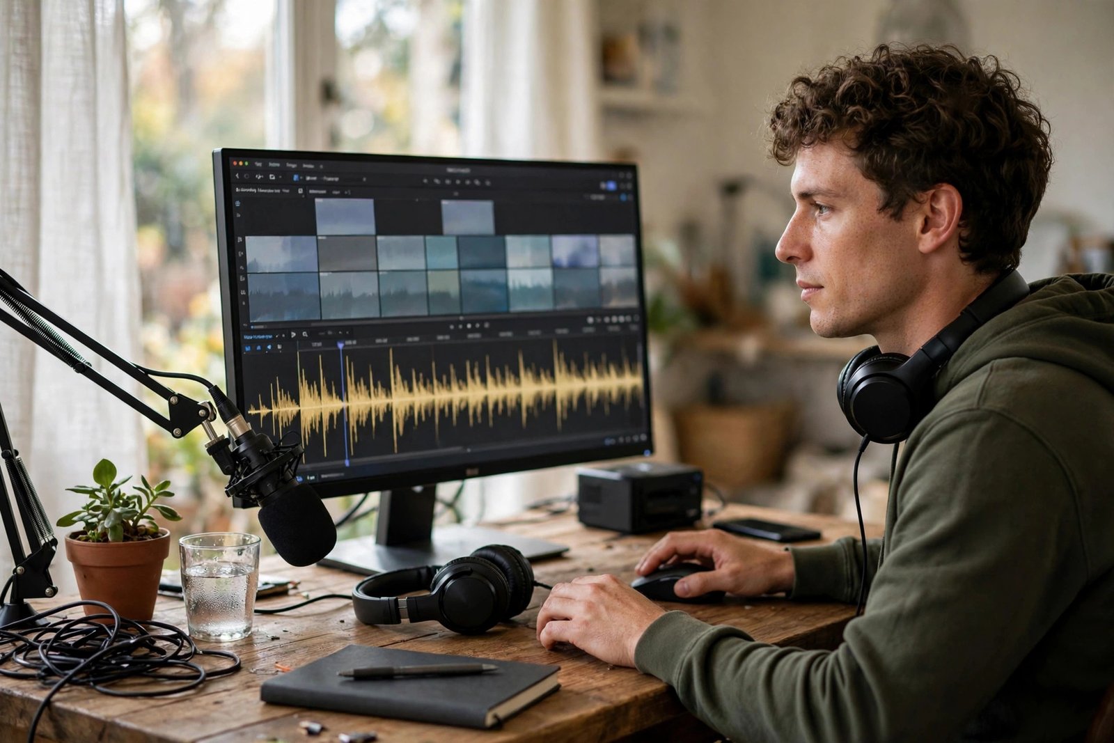 Person editing a video timeline with a voiceover audio track below the video