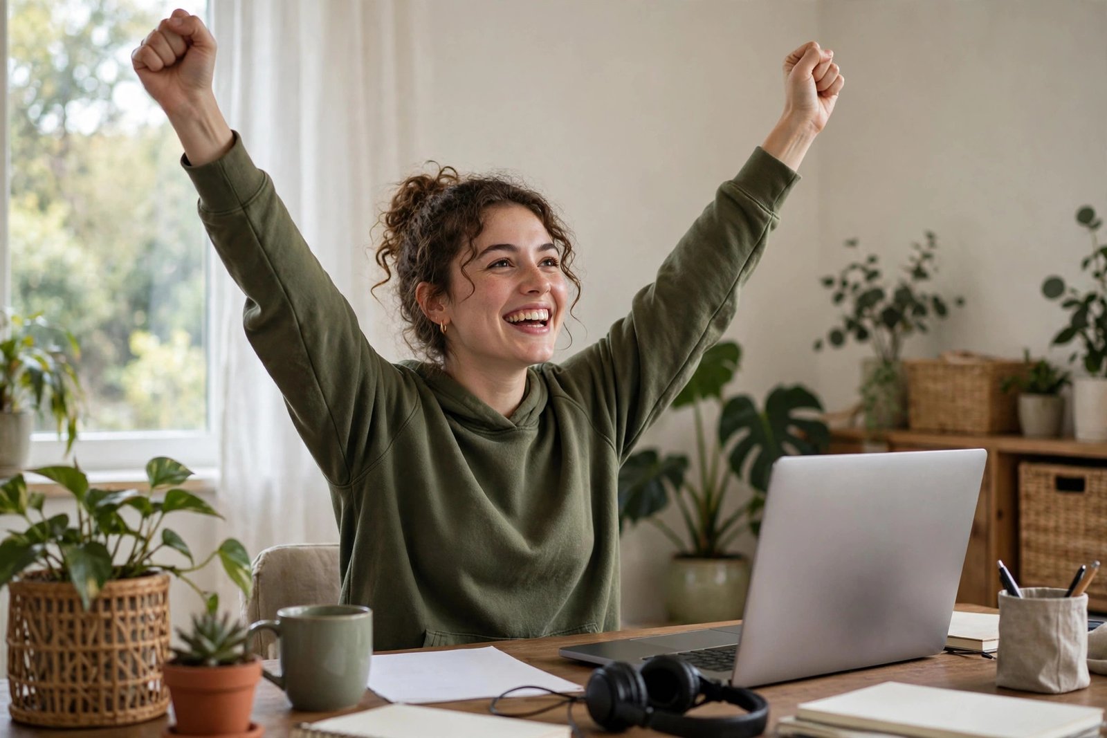 A freelancer celebrating their first client project at a laptop