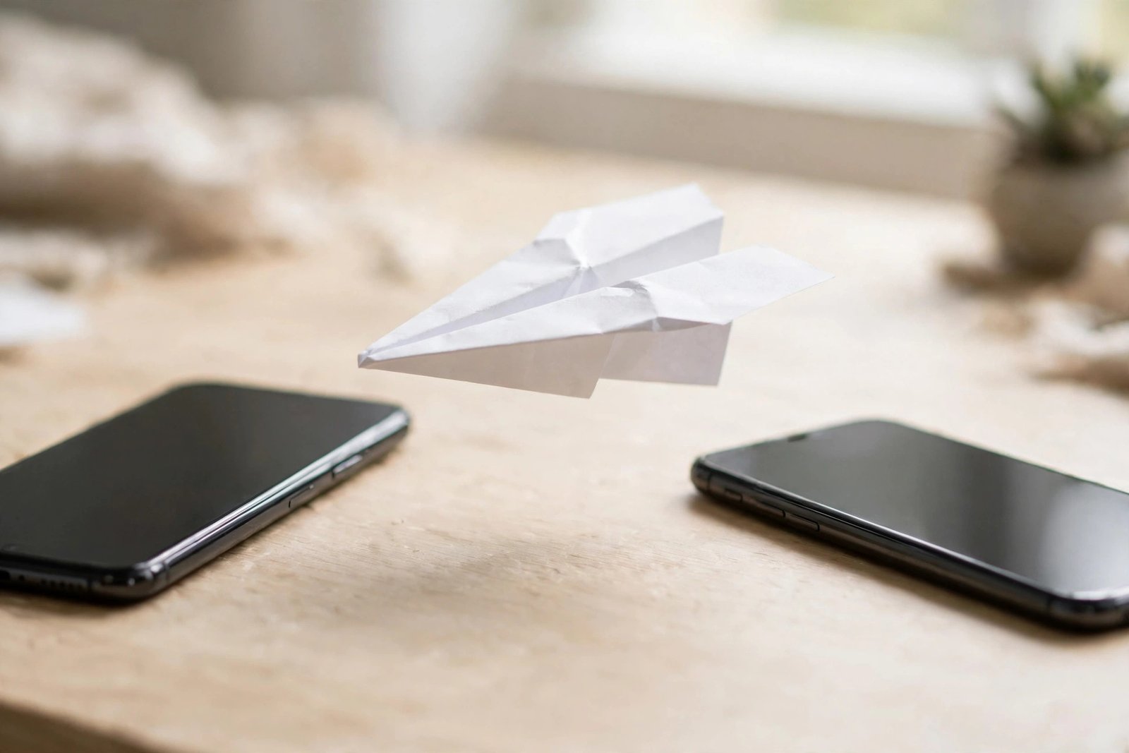 Illustration of two smartphones with a paper plane flying between them, showing content sharing