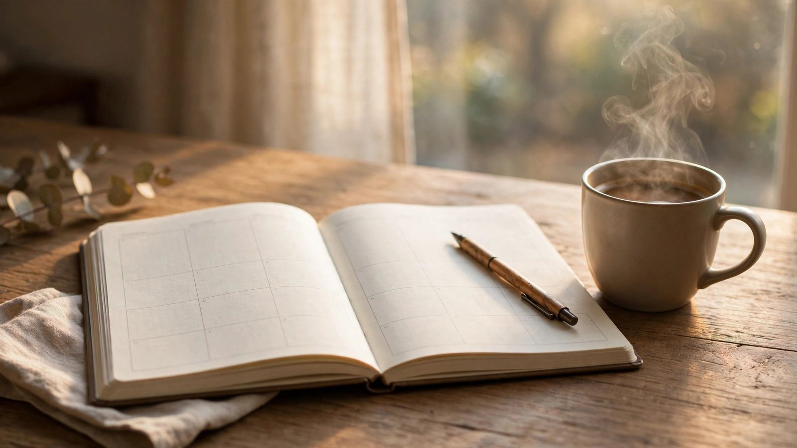 Weekly planner notebook on a desk with a pen and coffee