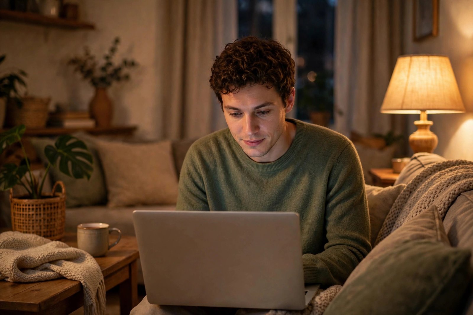 Person safely browsing the internet on a laptop at home