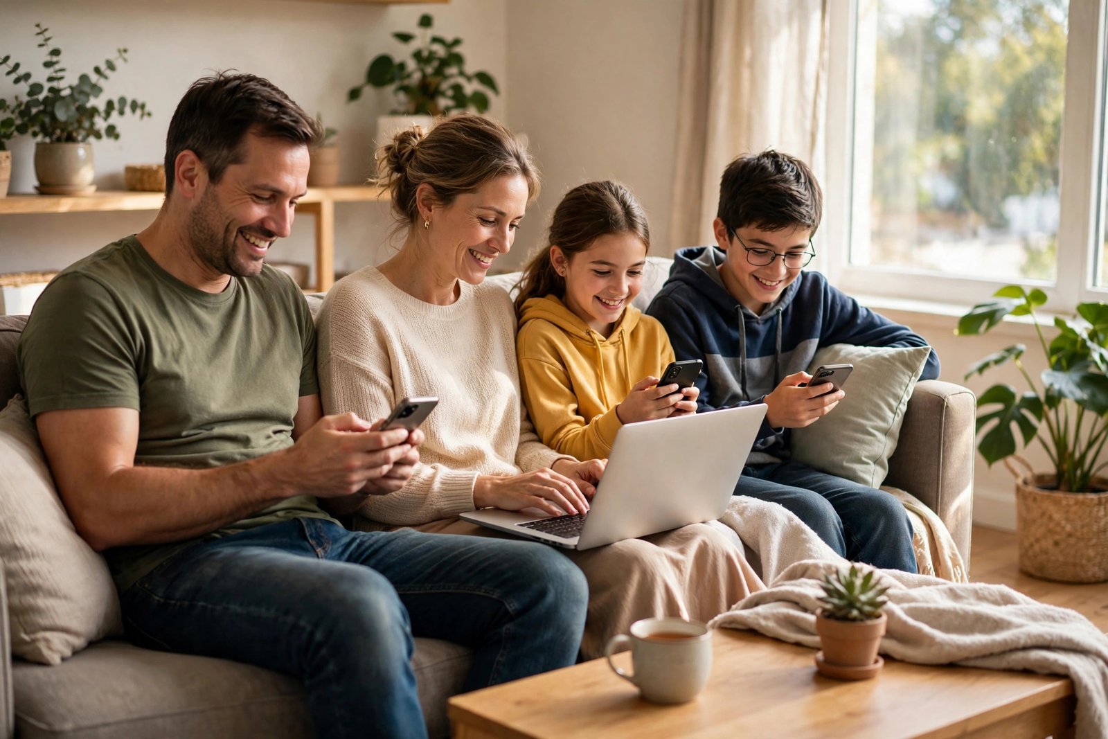Family members using phones and laptops on fast home Wi-Fi
