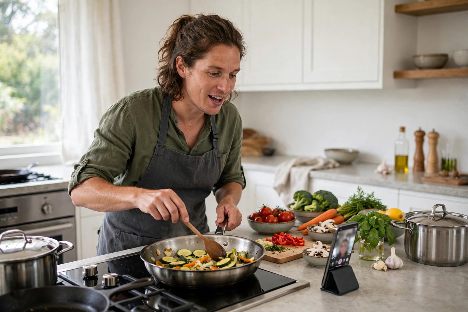 Person talking to a voice assistant on a phone while cooking in the kitchen