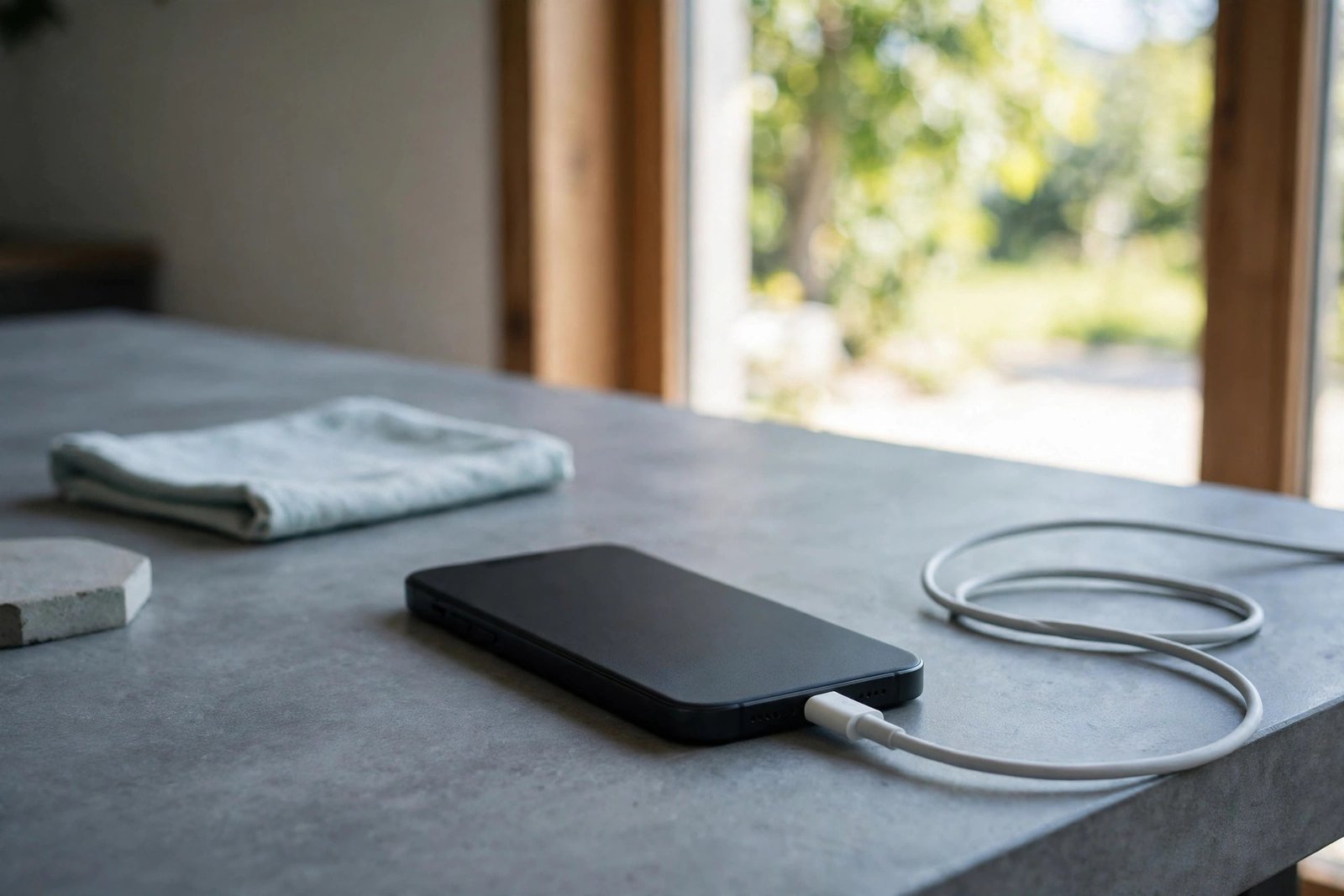 Phone charging with a cable on a cool desk away from direct sunlight