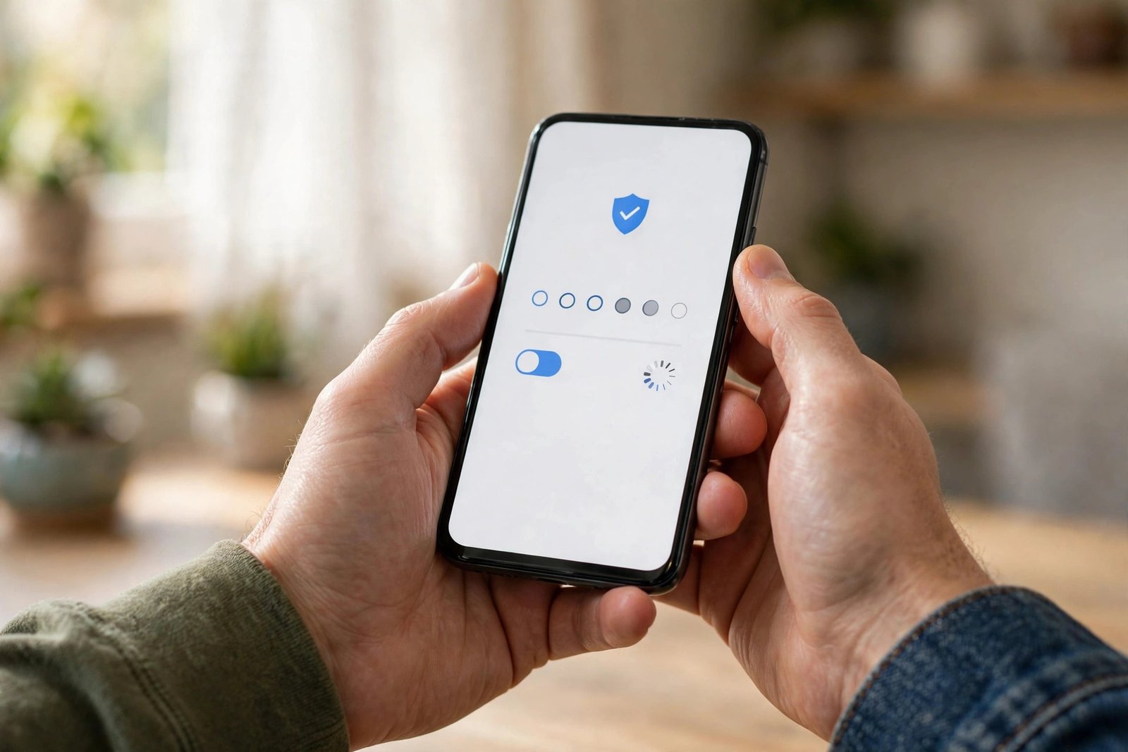 Hands holding a smartphone while setting up two-factor authentication for stronger account protection