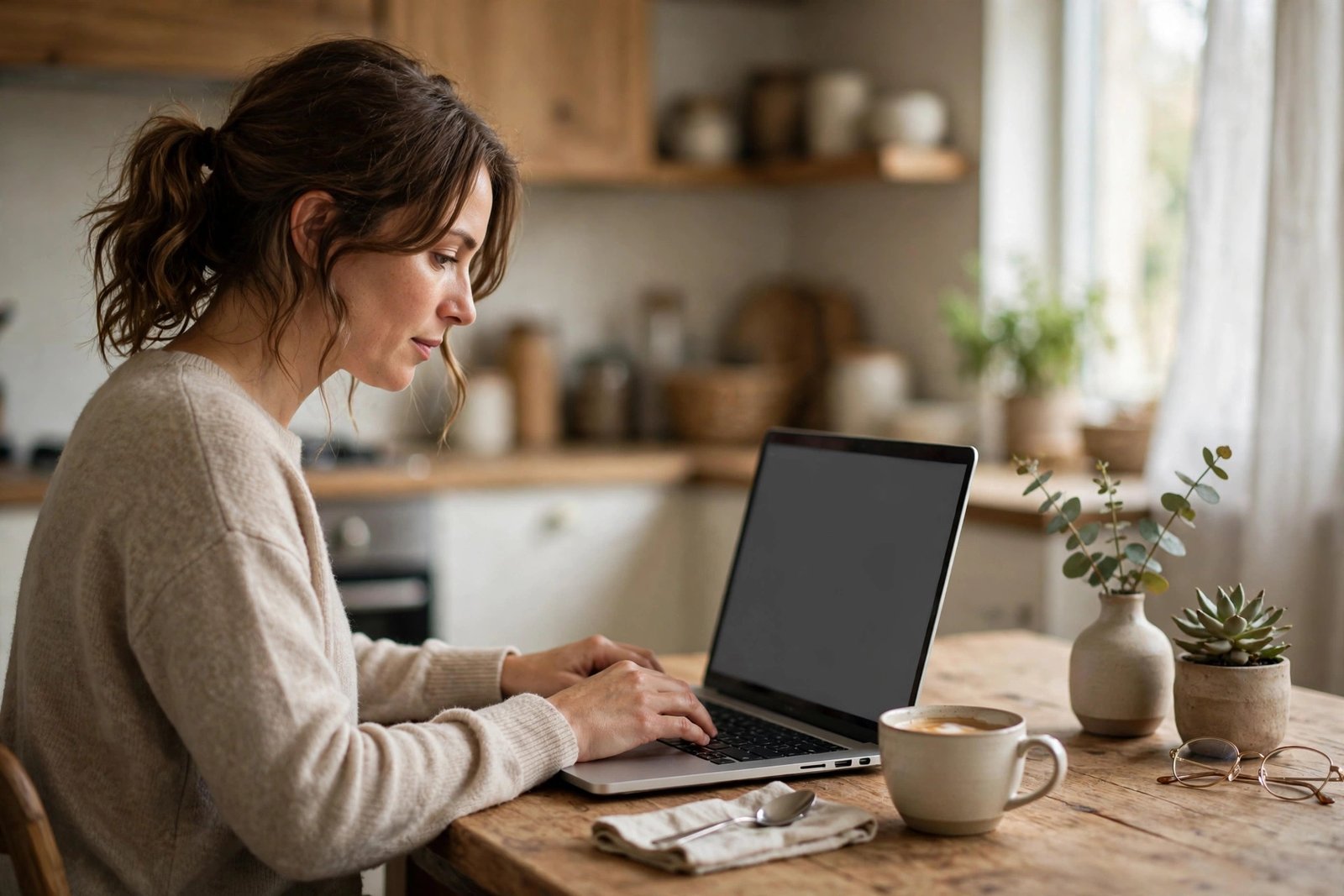 Woman editing a document in Google Drive on a laptop at a kitchen table