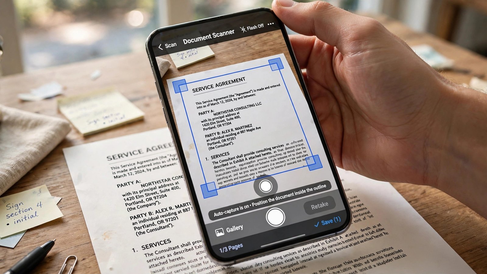 Smartphone scanner app detecting the edges of a printed document on a desk