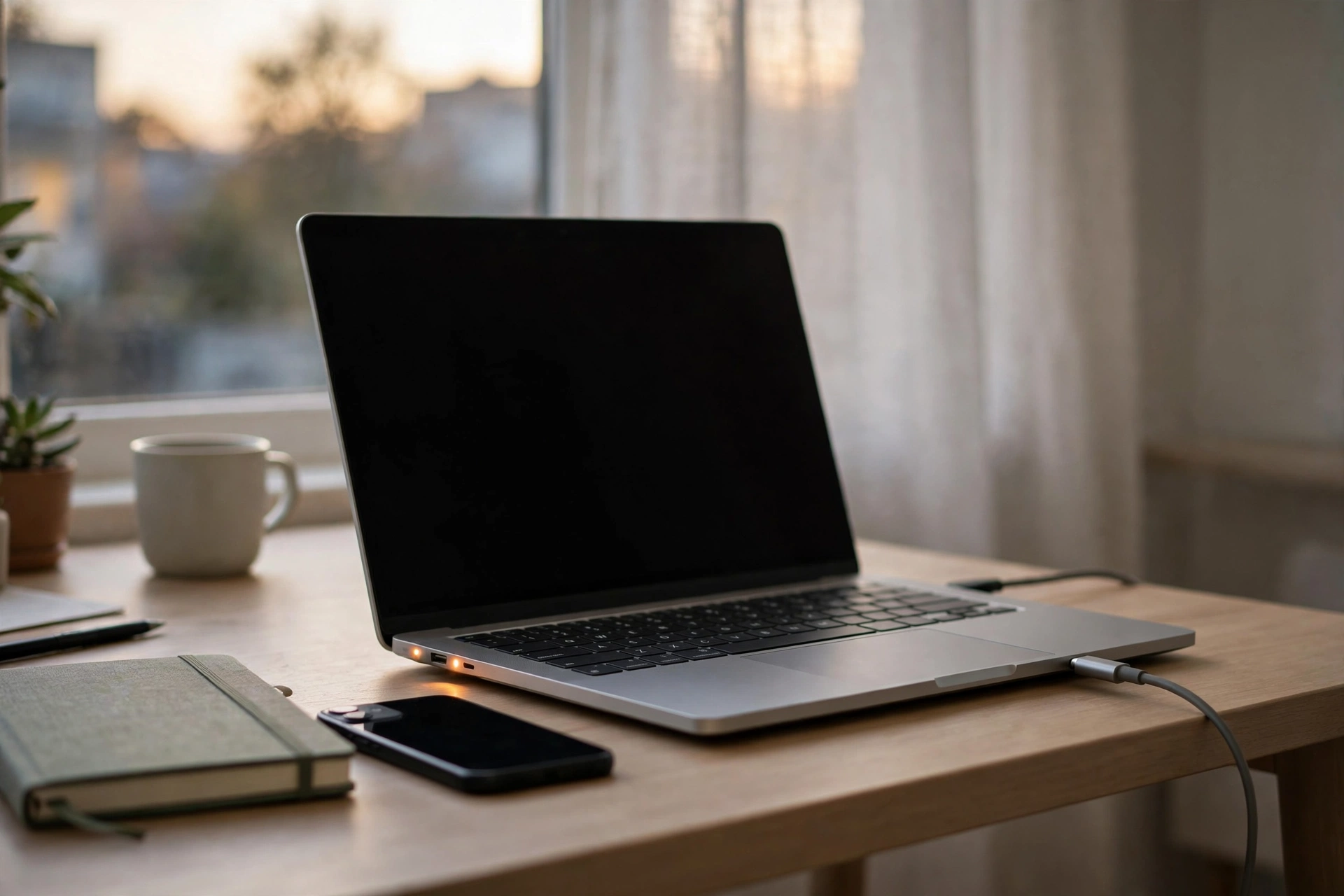 Laptop plugged in and charging on a tidy home-office desk