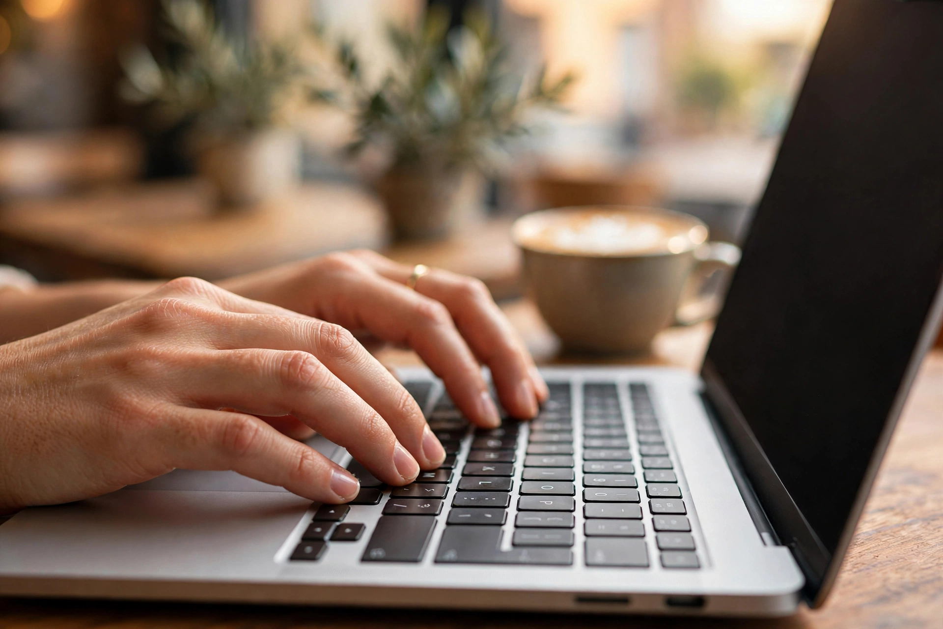 Hands typing on a laptop keyboard in warm cafe light
