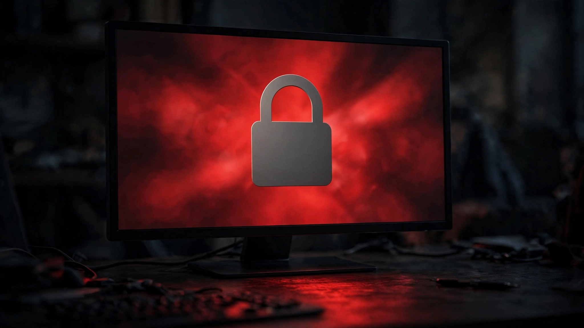 Close-up of a computer monitor showing a locked-screen warning graphic with a padlock symbol