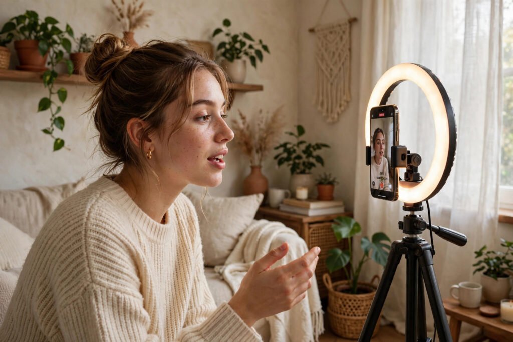 Beginner filming a video at home with smartphone and ring light