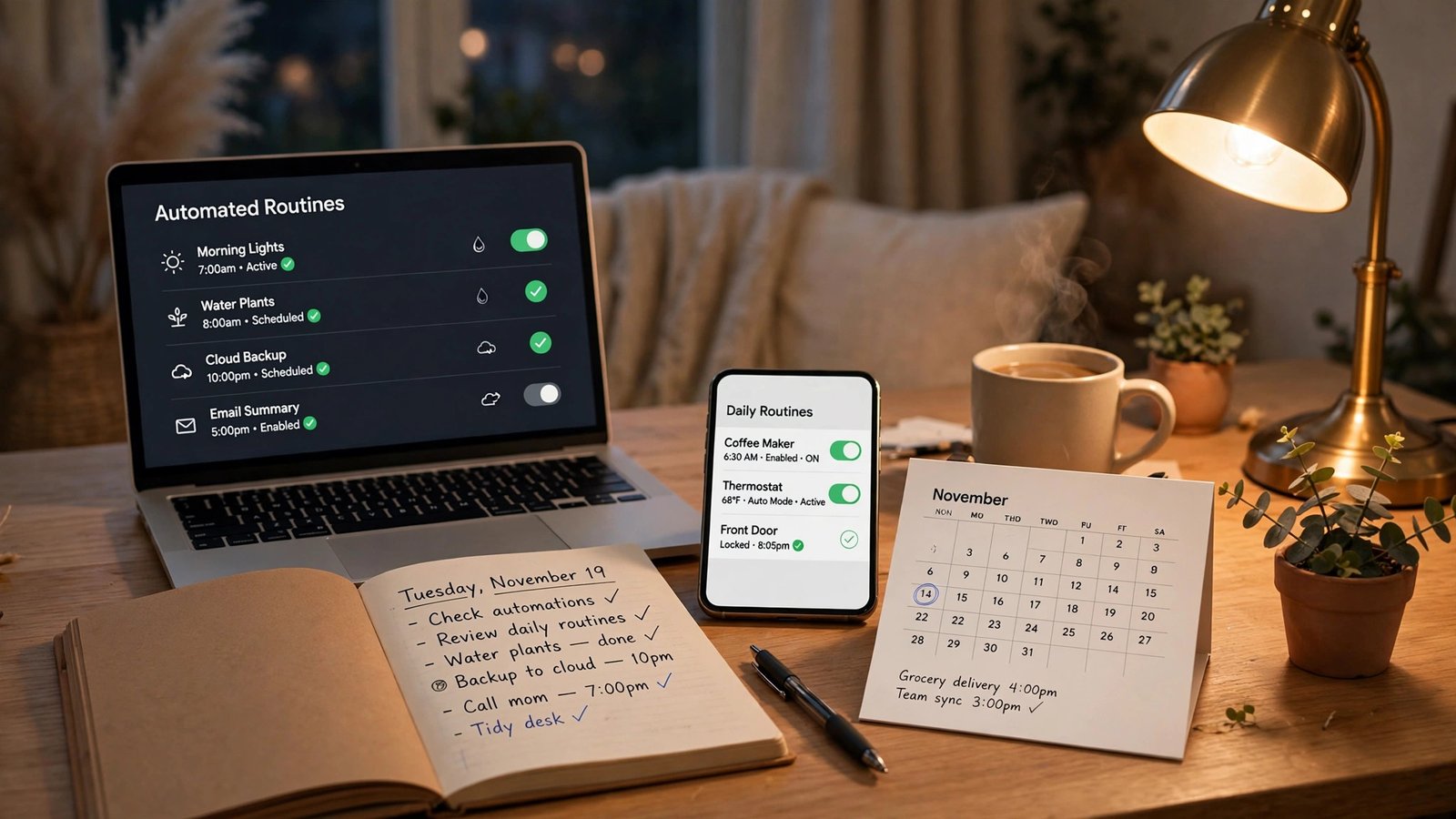 Desk setup with phone, laptop and planner suggesting automated daily routines