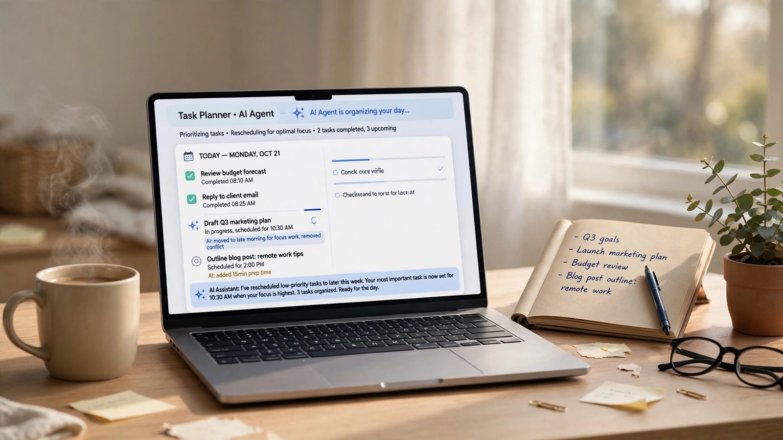 Laptop on a tidy desk with an AI agent organizing daily tasks