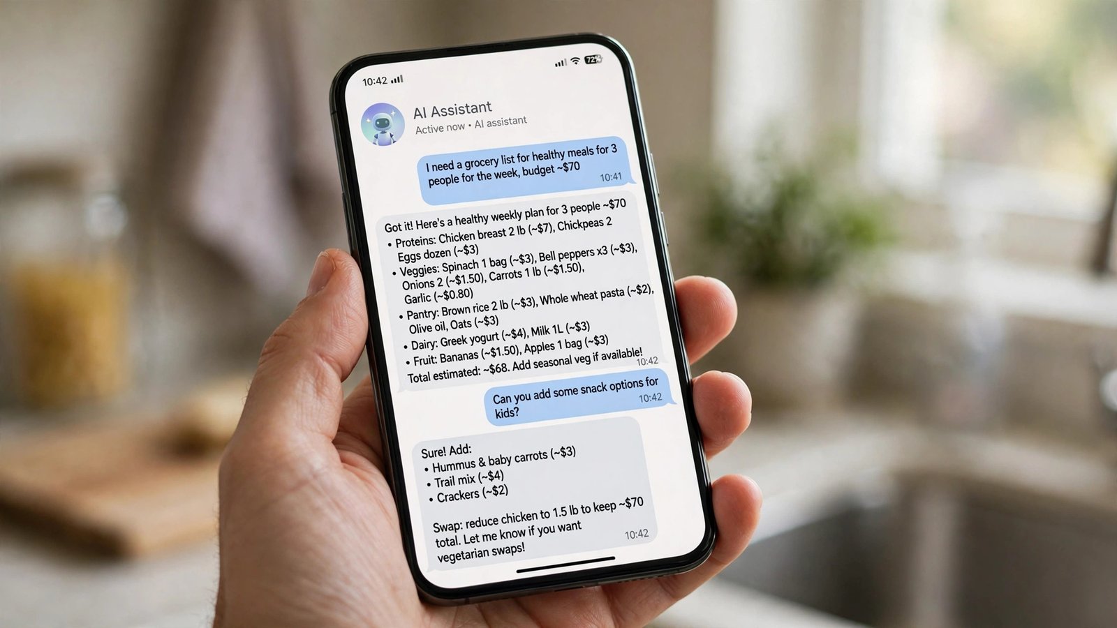 Smartphone showing an AI assistant chat inside a messaging app