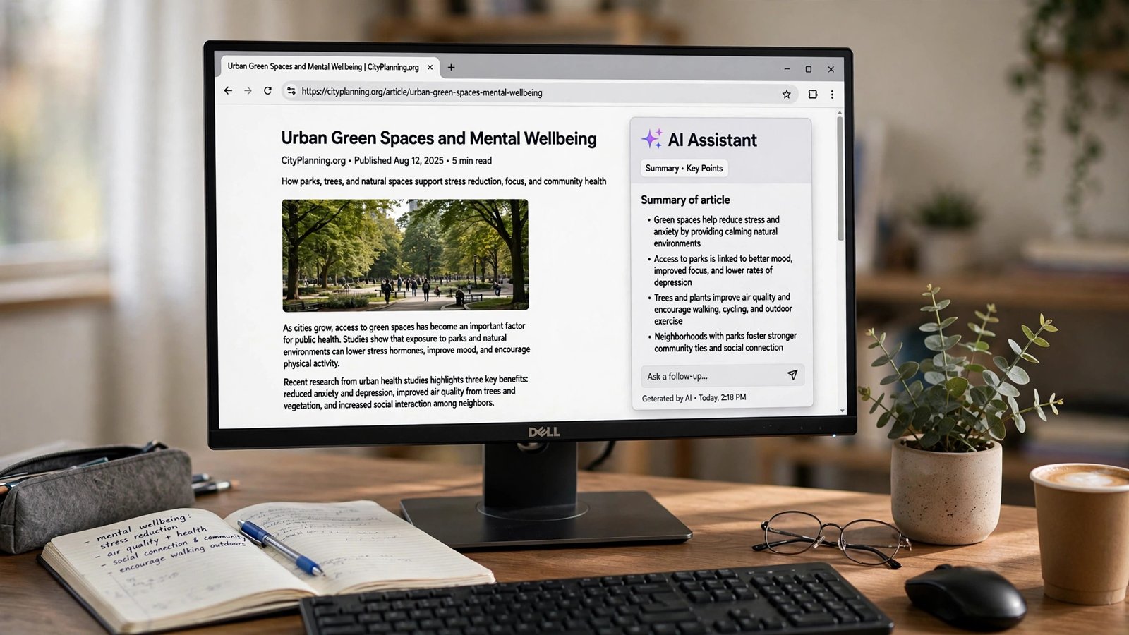 Desktop monitor showing a web browser with an AI assistant side panel summarizing an article on a desk with notebook and plant