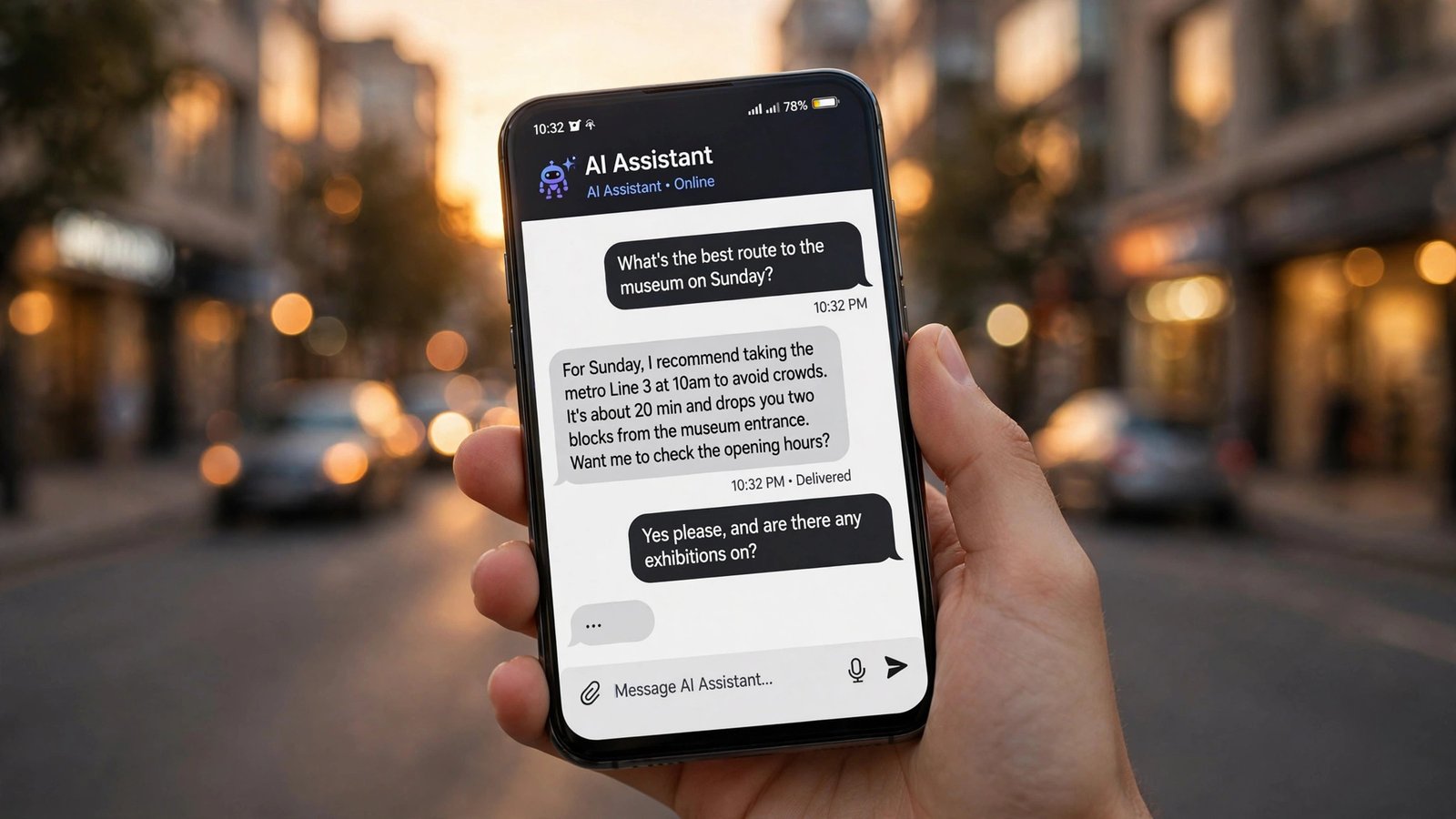 Hand holding a smartphone showing an AI chat assistant app with conversation bubbles against a city street at golden hour
