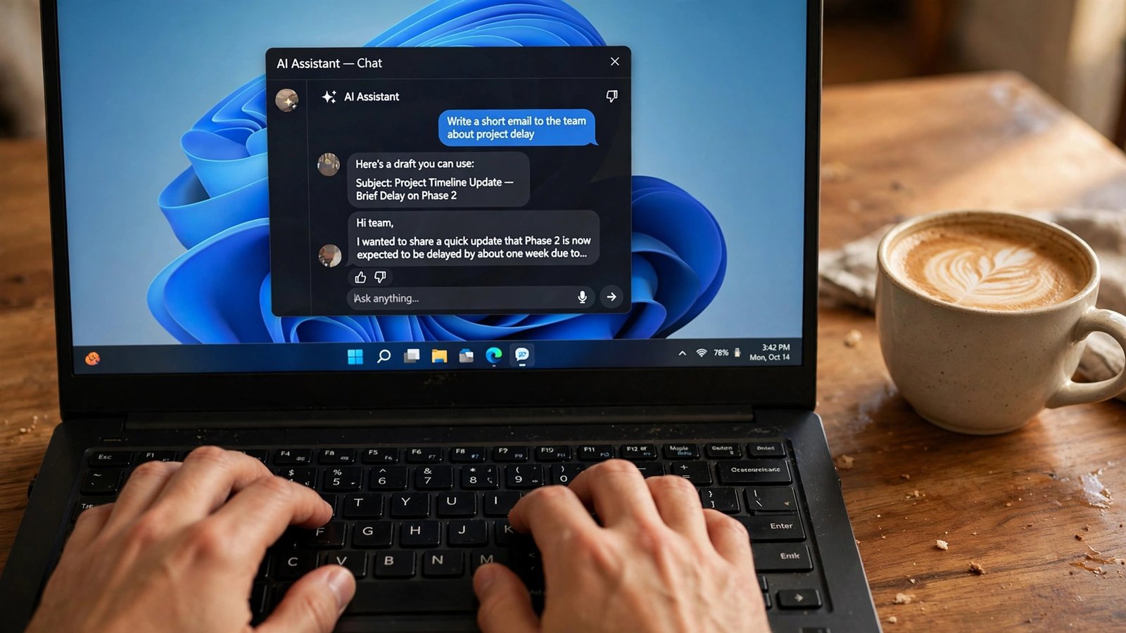 Hands on a laptop keyboard with Windows desktop and AI assistant chat panel visible beside a coffee cup