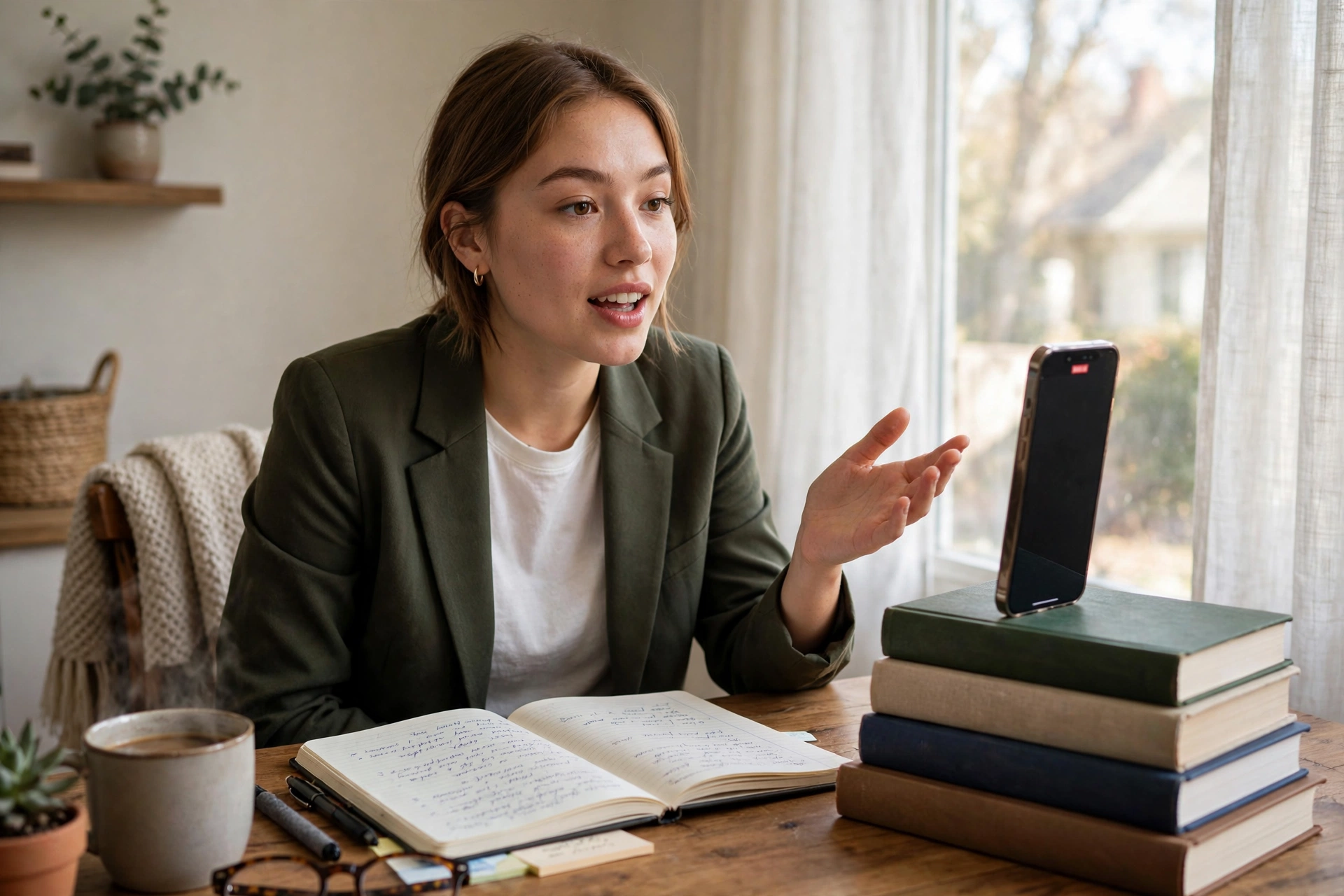 Young professional practising a job interview while a smartphone records them like a video call