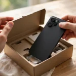 Hands unboxing a brand-new smartphone on a bright wooden desk