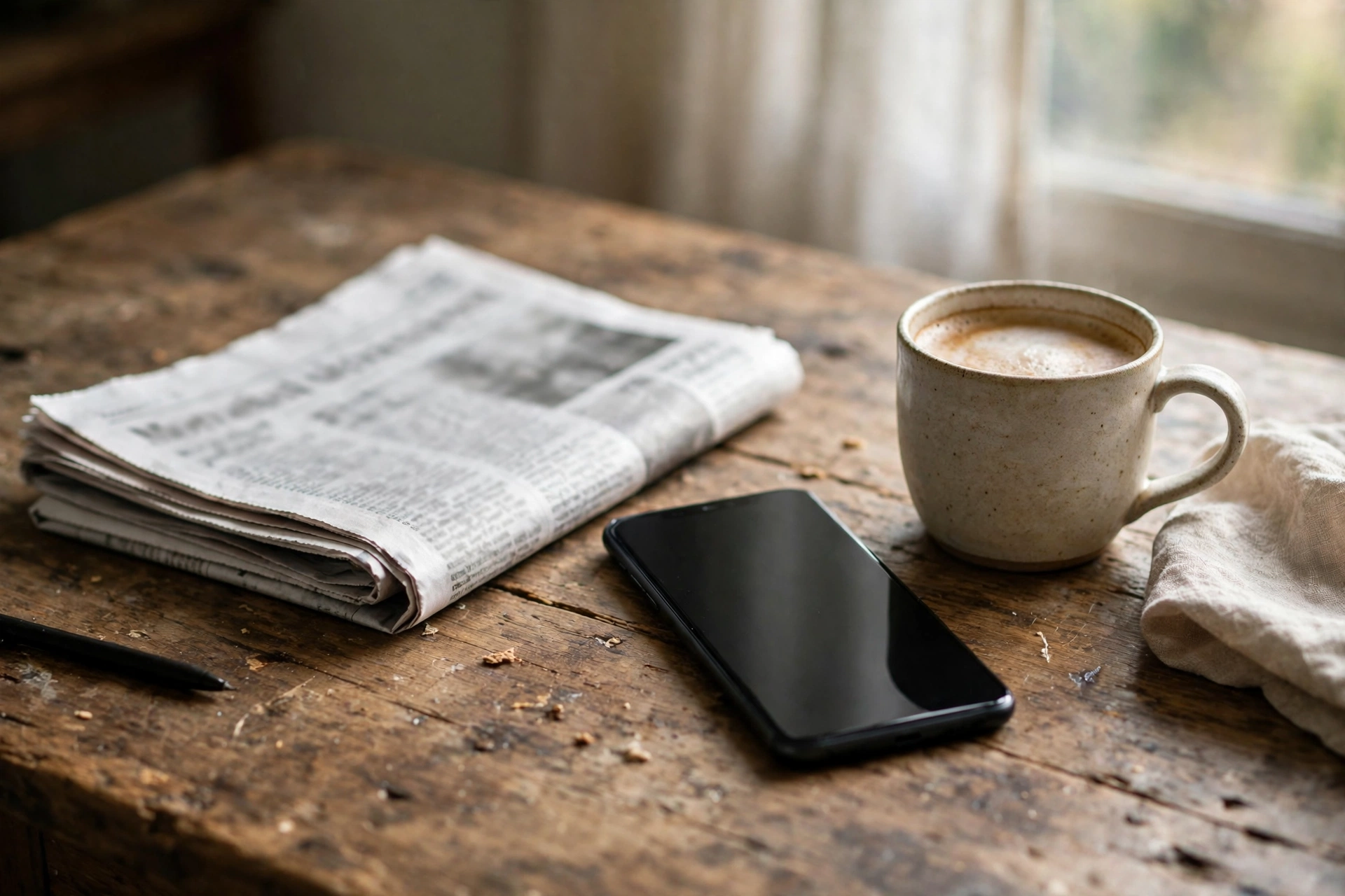 Printed newspaper beside a smartphone and coffee on a wooden table