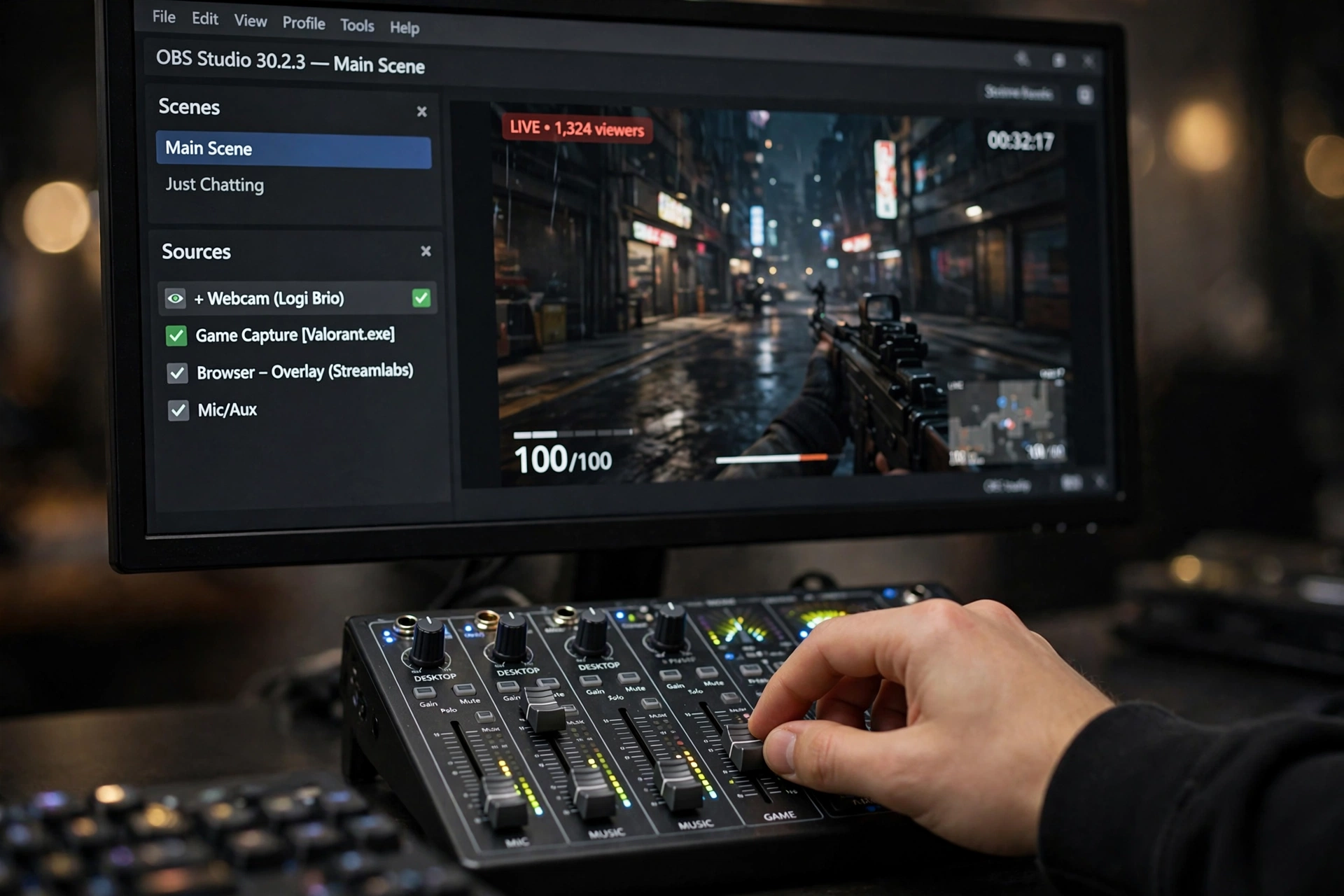 Close-up of a monitor showing streaming software scenes and sources panels with a hand adjusting the audio mixer
