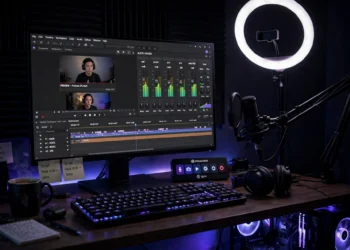 Desktop streaming setup with a monitor showing video production software, ring light and microphone, dark room with LED glow
